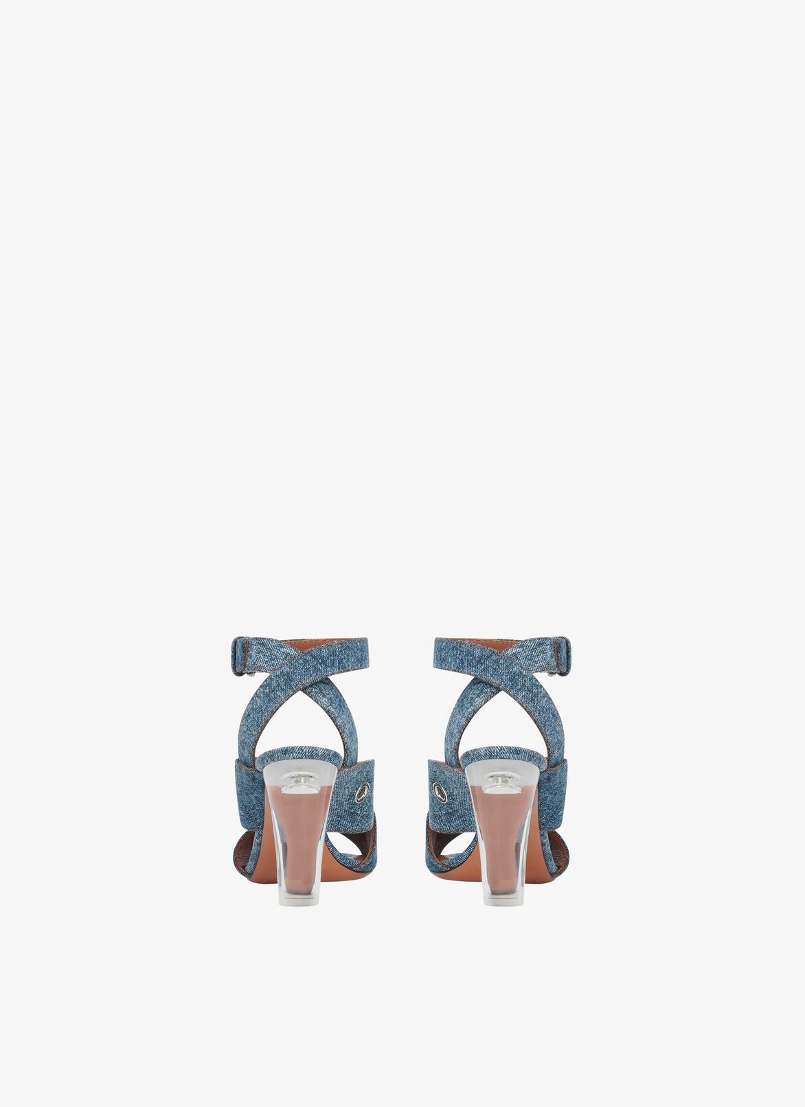 Block heel sandals in denim with eyelets ALAÏA BLUE JEANS BLOCK HEEL SANDALS IN DENIM WITH EYELETS